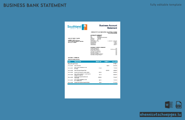 USA California Southland Credit Union Geschäftskontoauszug Word- und PDF-Beispielvorschau